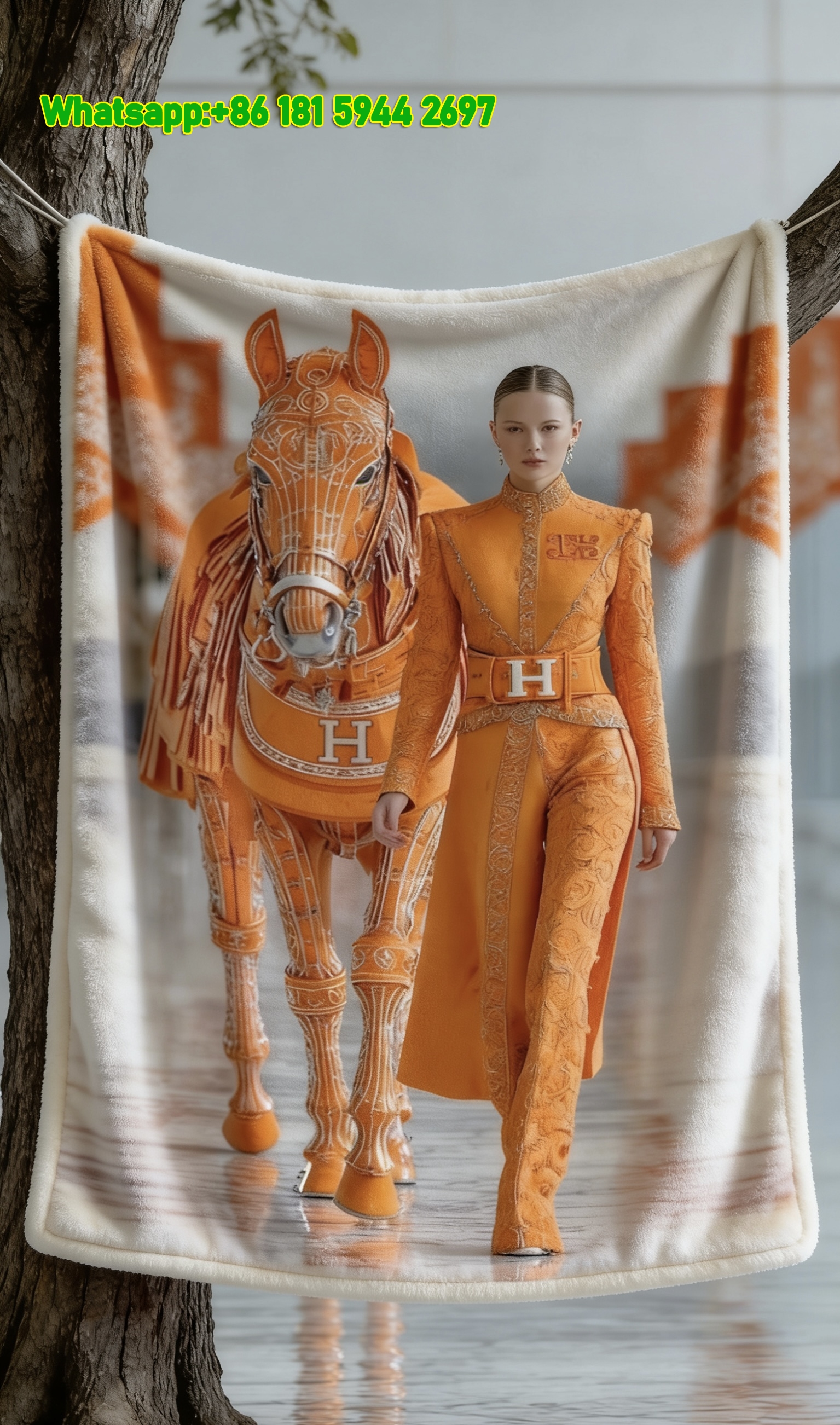 Hermès Orange Horse & Figure Flannel Fleece Throw Blanket IMG_4970